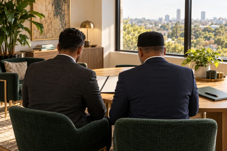 Two advisers reviewing documents together at a table by a window