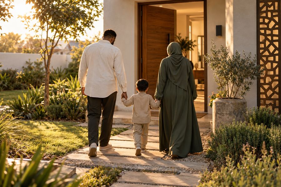 A family walking hand in hand towards the front door of their home at sunset