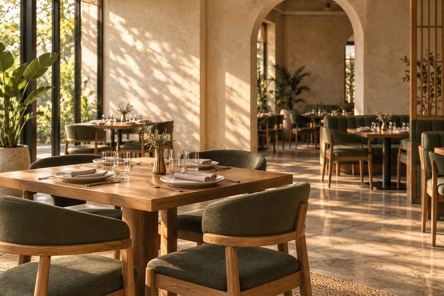A sunlit restaurant dining room with tables set for guests