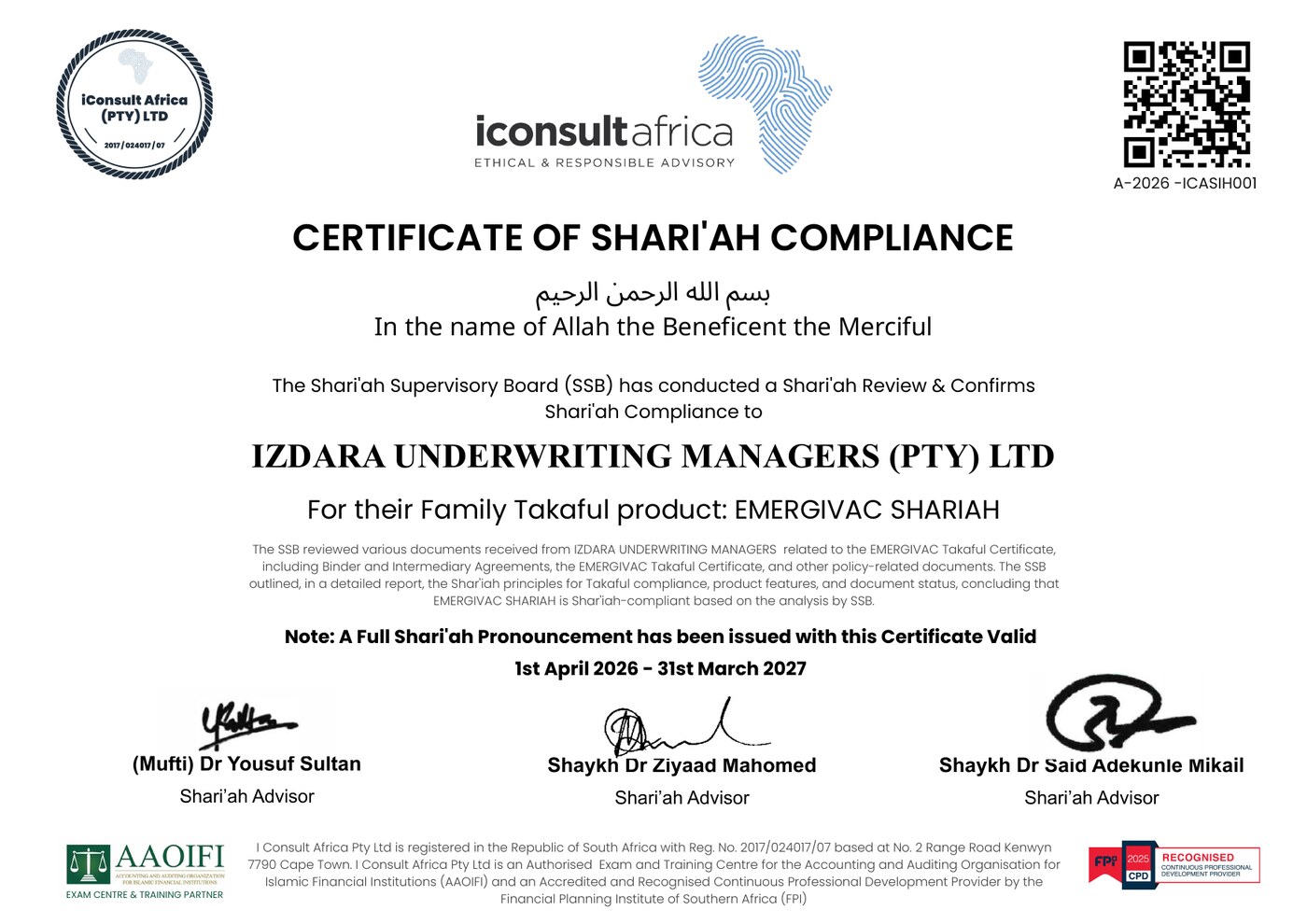Certificate of Shari'ah Compliance issued to Izdara Underwriting Managers (Pty) Ltd by iConsult Africa, valid 1 April 2026 to 31 March 2027